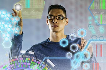 Man using a futuristic giant touch screen