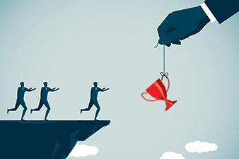 Illustration of people running off a cliff edge trying to reach a tropy dangled just out of reach by a giant hand