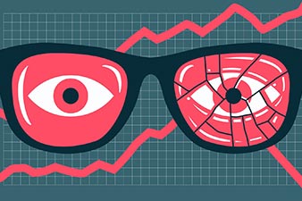 Broken spectacles against a rising and falling stock graph