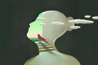 Surrealist image of woman's face, clouds, steps leading outside with a songbird at the top of the steps