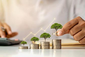 Person piling up ever taller stacks of coins, each with a tree sprouting from the top of it