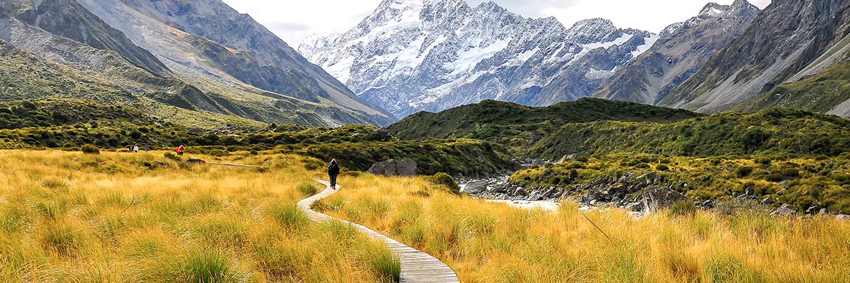 Person walking through a beautiful valley towards snow-covered mountains in Aoraki Mt Cook National Park